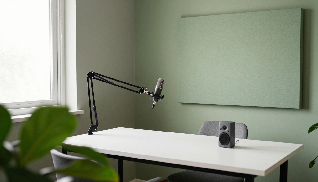 Clean modern podcast corner with microphone arm, acoustic panels, and indoor plant