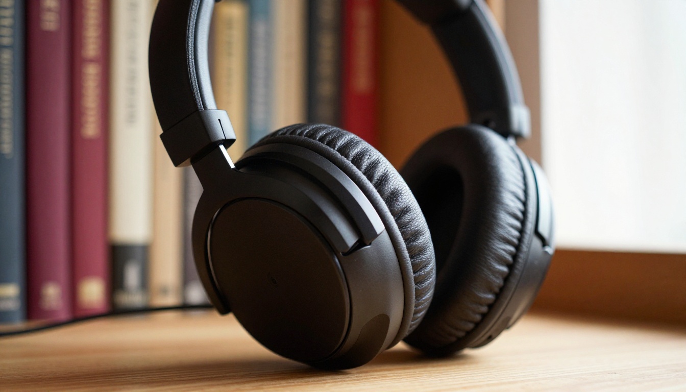 Premium studio headphones resting on a shelf against a backdrop of warm-toned book spines Premium studio headphones resting on a shelf against a backdrop of warm-toned book spines