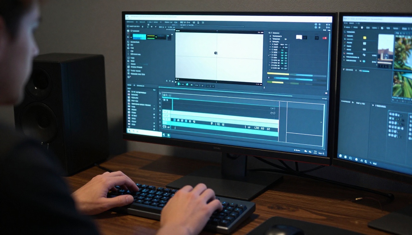 Content creator editing a video timeline on a dual-monitor professional setup