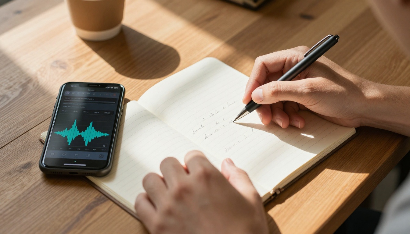 Overhead view of hands with handwritten script notebook and smartphone audio app