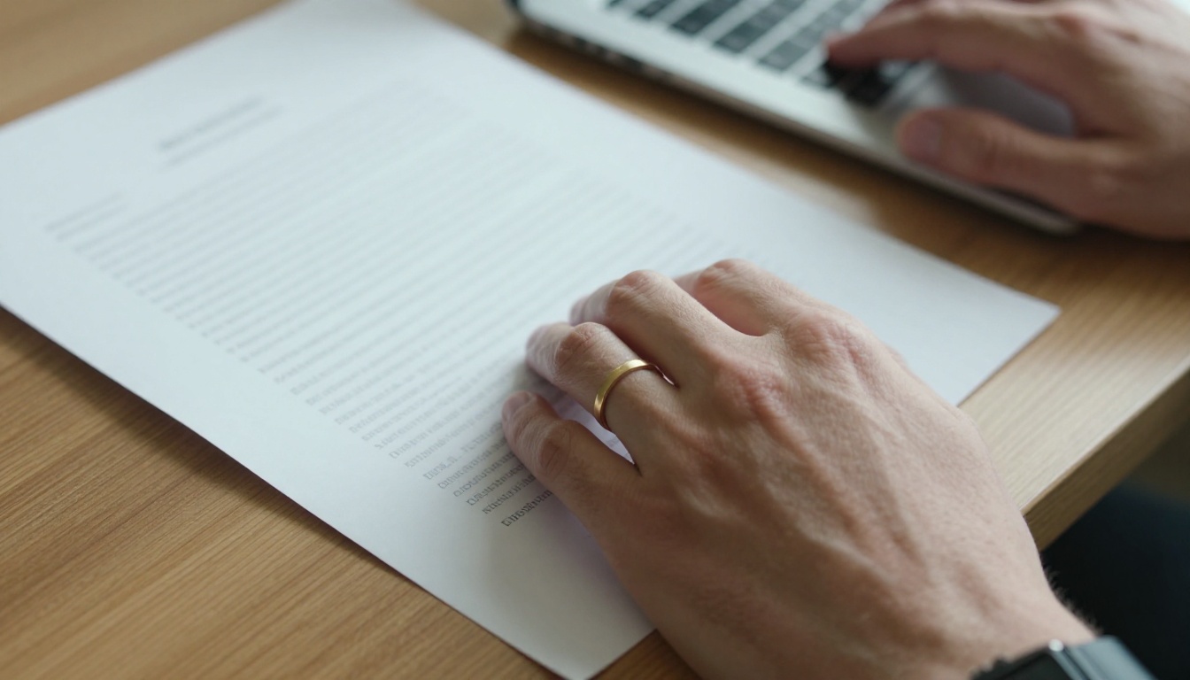 Close-up of hands holding printed script page beside laptop keyboard, natural desk lamp lighting