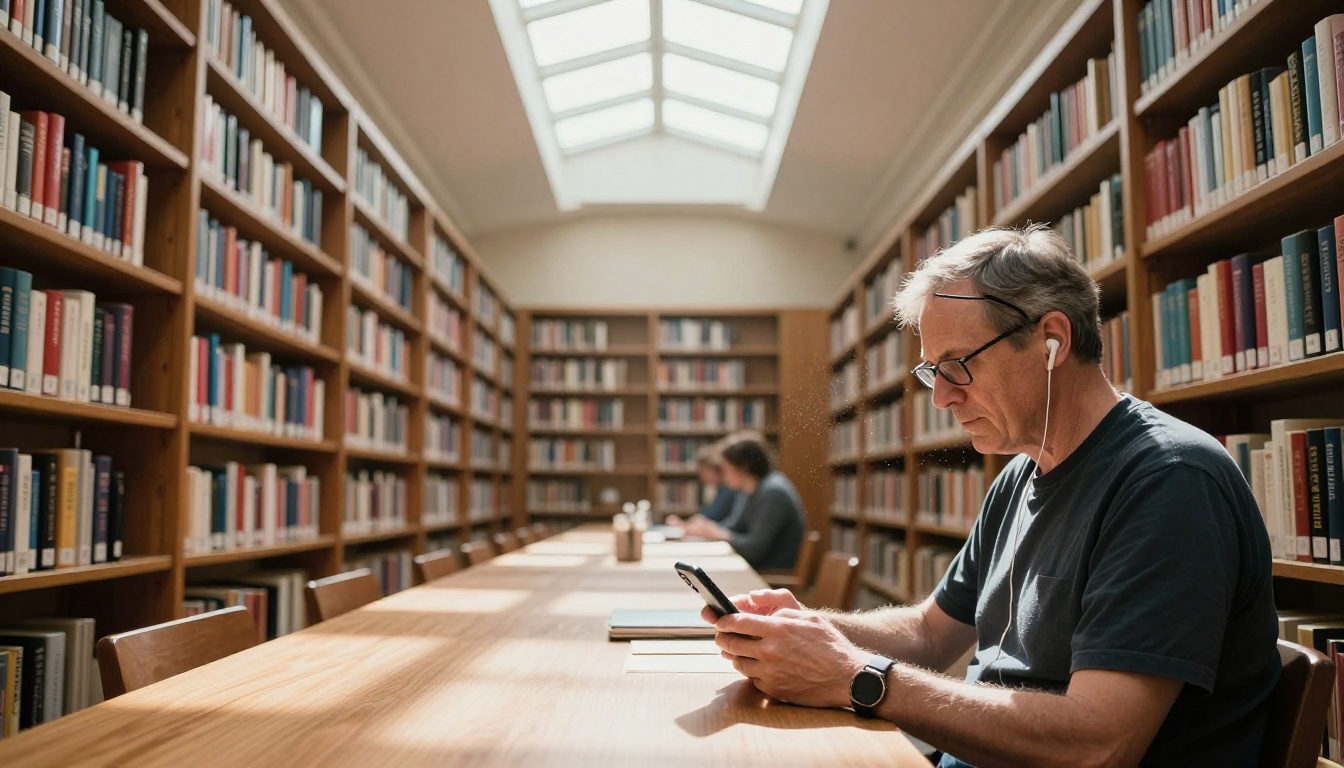 Wide-angle shot of a sunlit public library with a man listening through earbuds at an oak table Wide-angle shot of a sunlit public library with a man listening through earbuds at an oak table
