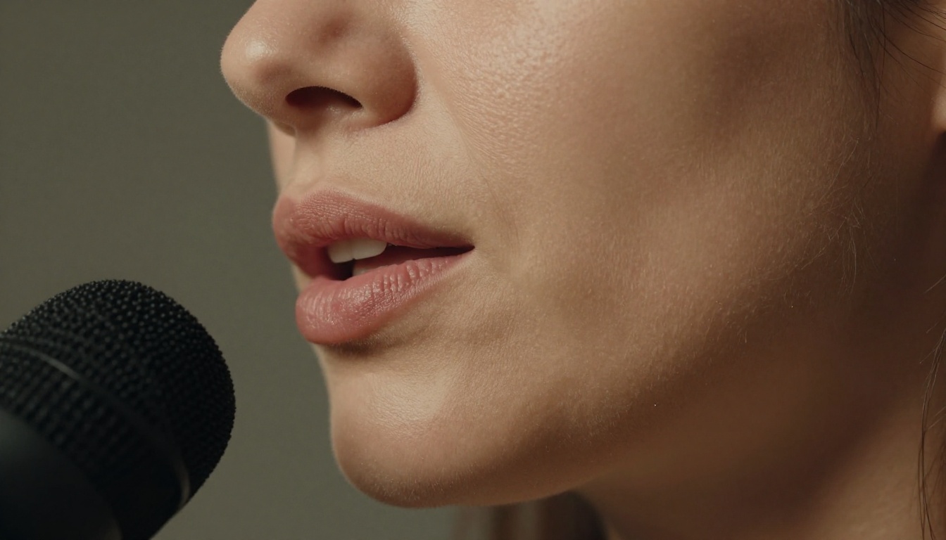 Extreme close-up of a woman's mouth and jaw mid-speech with studio microphone in foreground