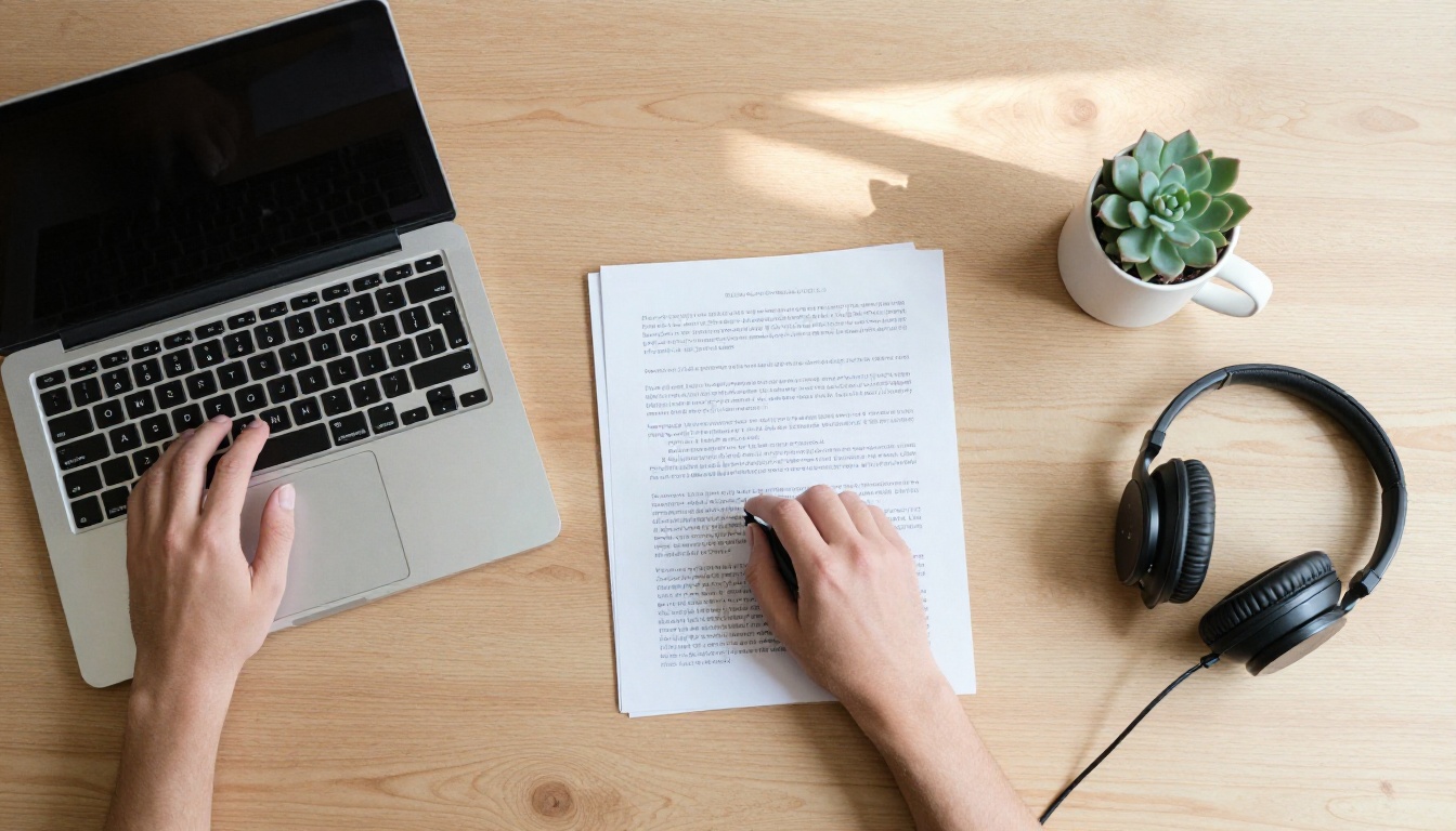 Flat-lay workspace with laptop, manuscript, and headphones Flat-lay workspace with laptop, manuscript, and headphones