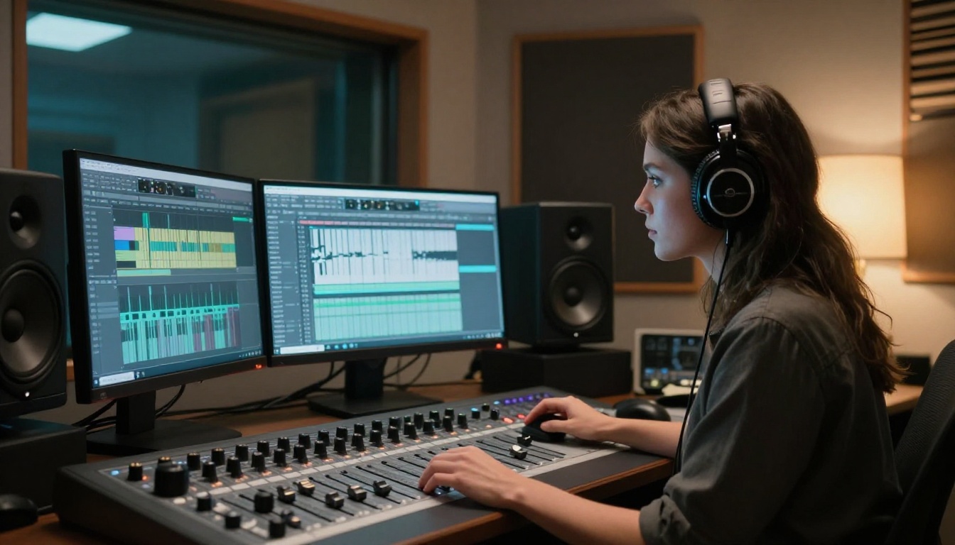Woman at professional audio workstation, studio monitor headphones, triple screen waveform editing, recording booth environment