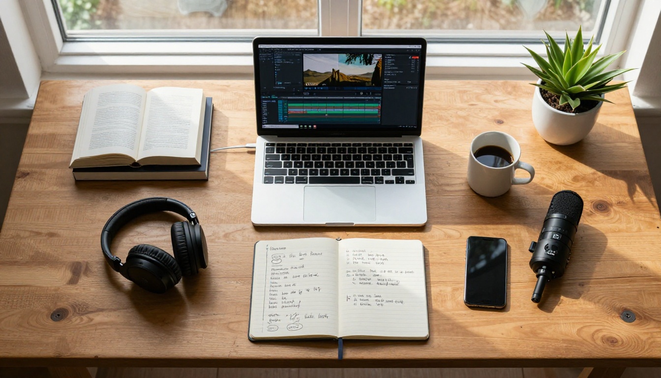 Aerial top-down view of a content creator's organized desk with translation notes, headphones, and video editing software open