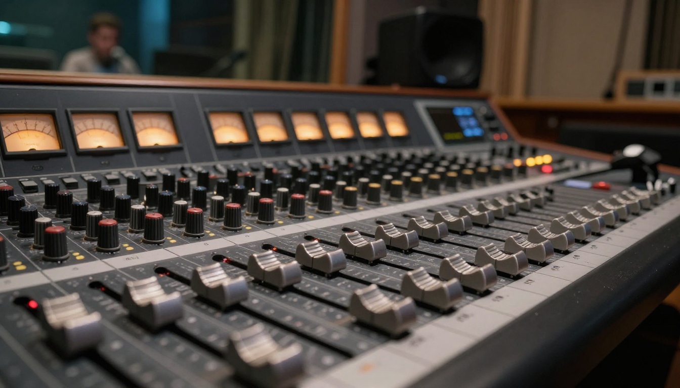 Close-up of an audio mixing console in a recording studio with warm amber VU meters Close-up of an audio mixing console in a recording studio with warm amber VU meters