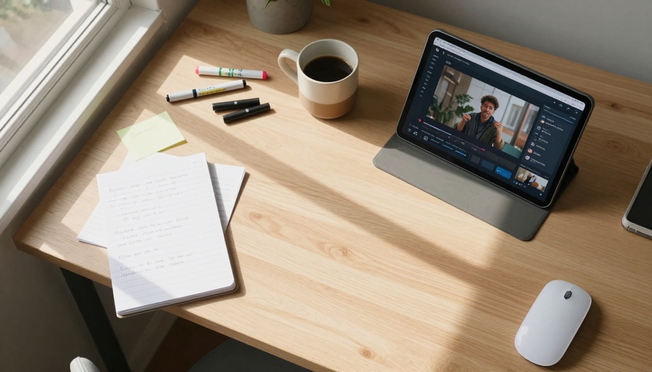 Aerial overhead view of creative workspace with tablet, notebook, and coffee mug on oak desk