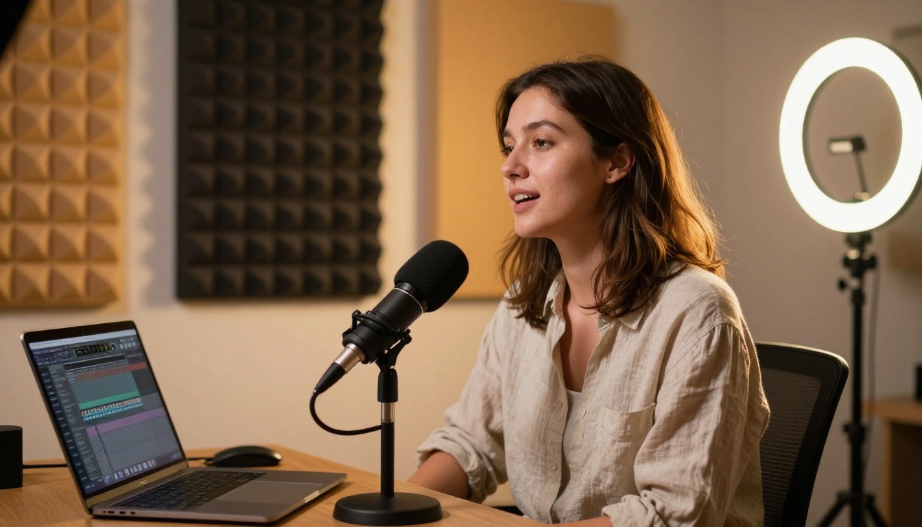 Female content creator at home podcast studio setup Female content creator at home podcast studio setup