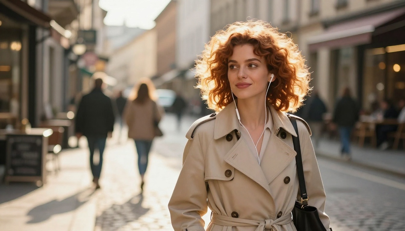 A stylish woman with curly hair walking on a European cobblestone street with earbuds in A stylish woman with curly hair walking on a European cobblestone street with earbuds in
