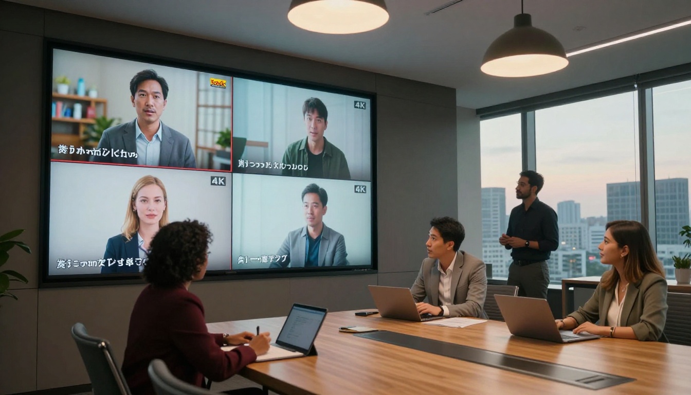 A diverse professional team reviewing AI-dubbed video content on a large conference room display