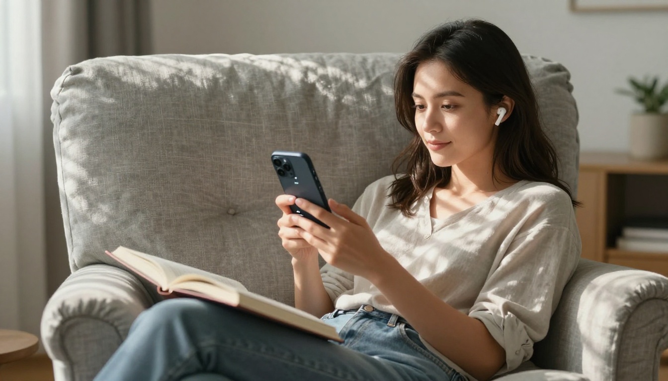 Woman with earbuds relaxing and listening to audio content Woman with earbuds relaxing and listening to audio content