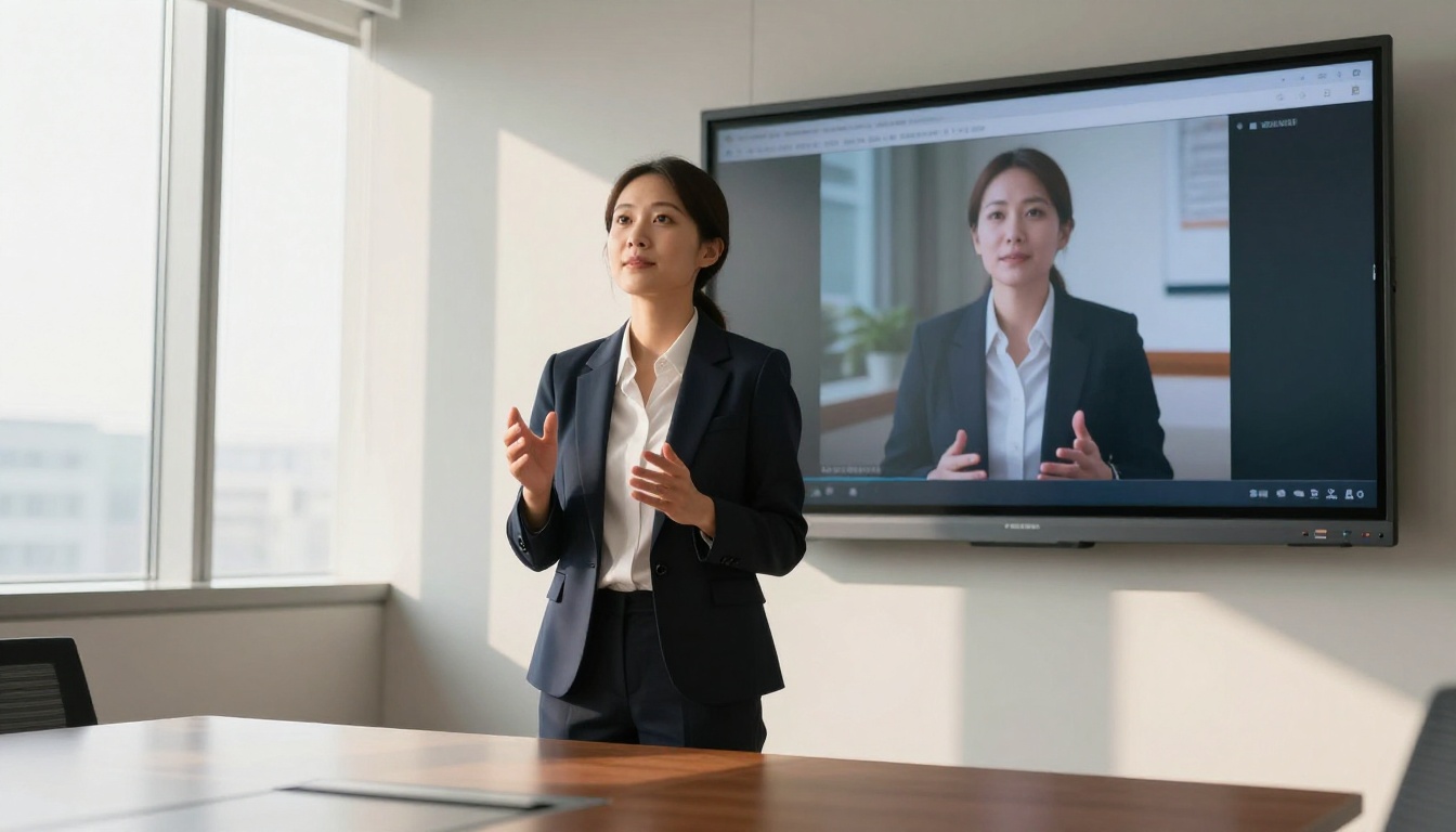 Confident businesswoman presenting in front of a widescreen monitor in a corporate meeting room