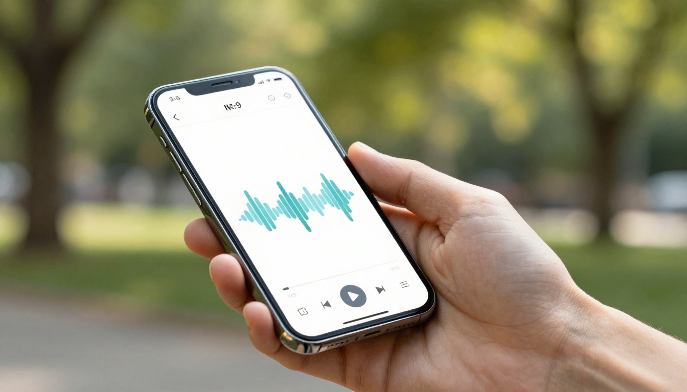 Hand holding smartphone with audio playback interface in park Hand holding smartphone with audio playback interface in park