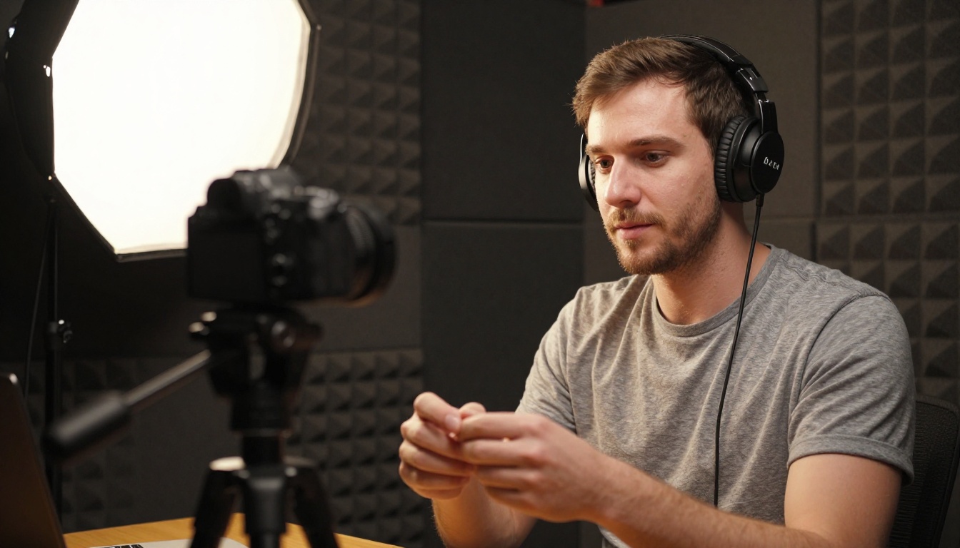 Male video creator recording in a podcast booth with acoustic foam panels and overhead softbox light