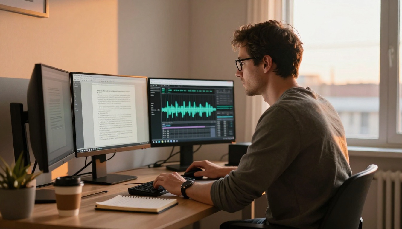 Male writer at dual monitor setup converting article to audio Male writer at dual monitor setup converting article to audio