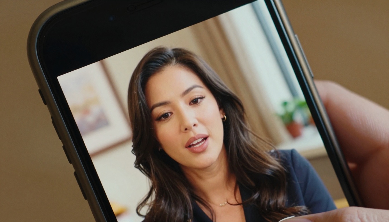 Extreme close-up of a smartphone screen displaying a social media video of a female presenter speaking