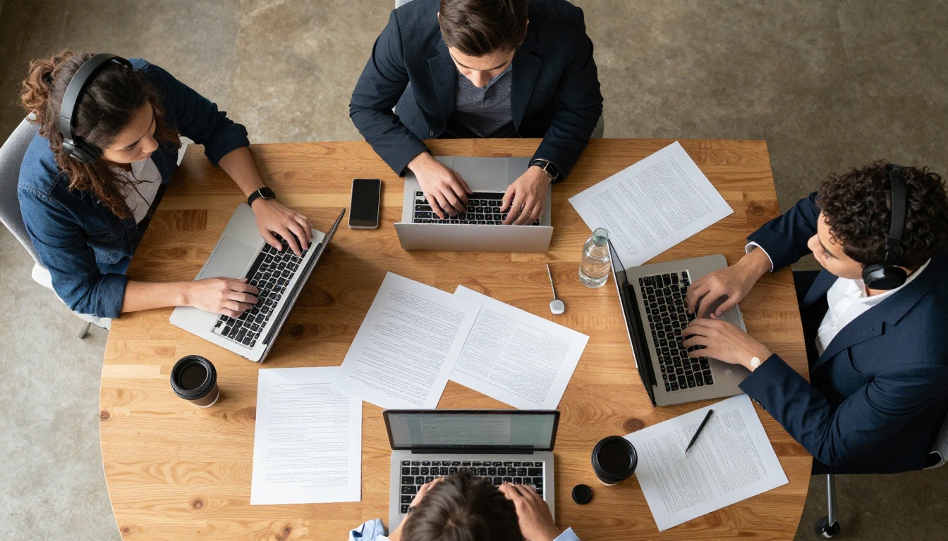 Diverse team of professionals collaborating with headphones at meeting table Diverse team of professionals collaborating with headphones at meeting table