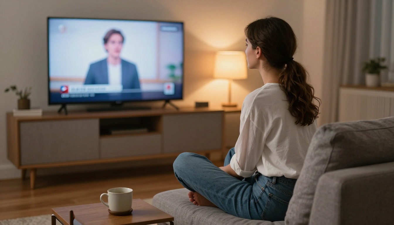 Young woman watching a video on a large television in a warm living room setting
