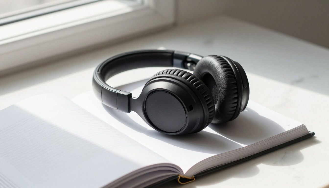 Headphones resting on open book on white marble surface Headphones resting on open book on white marble surface