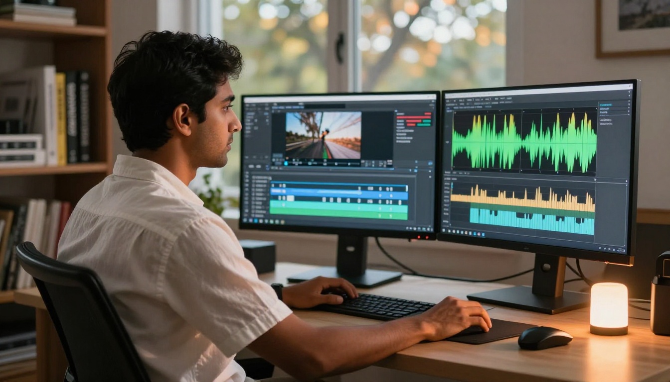 A video editor comparing subtitle tracks and dubbed audio waveforms on dual ultrawide monitors