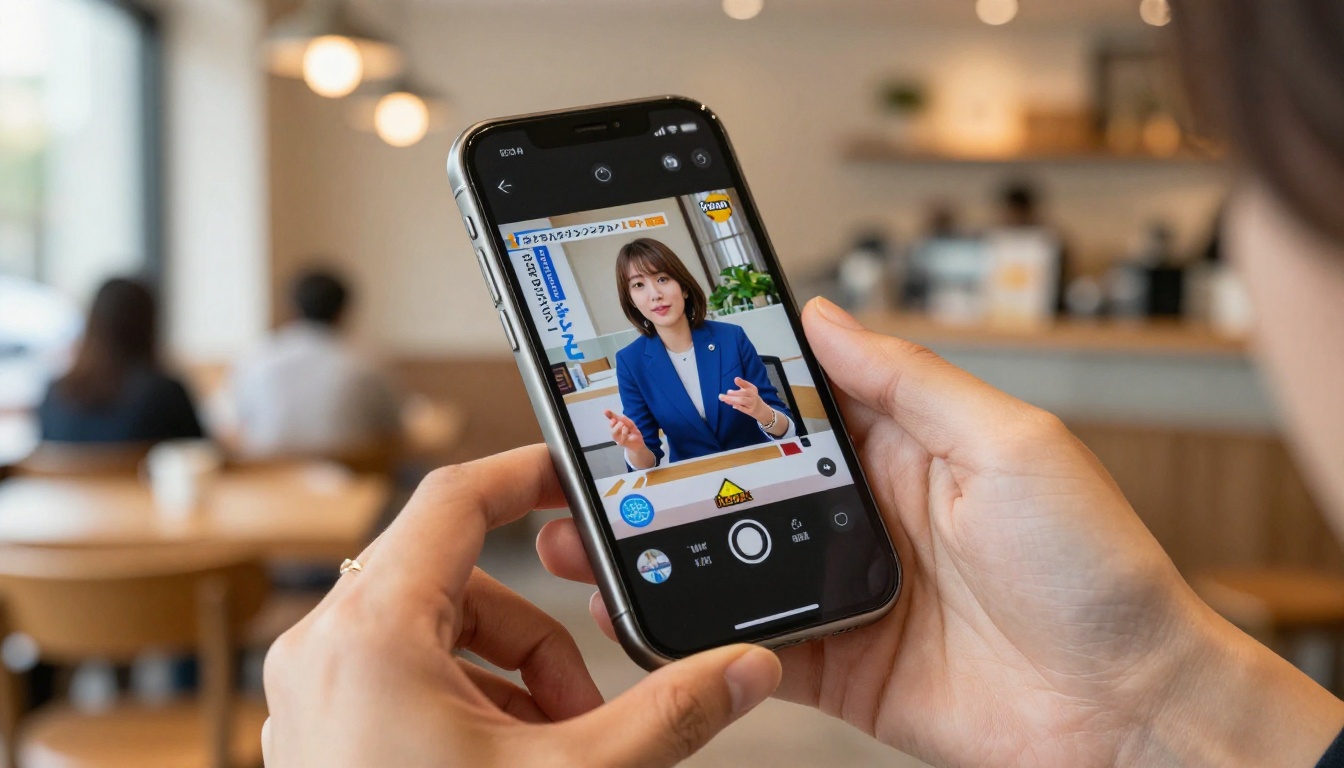 Smartphone displaying a perfectly synchronized Japanese video with AI lipsync in a cozy urban cafe setting