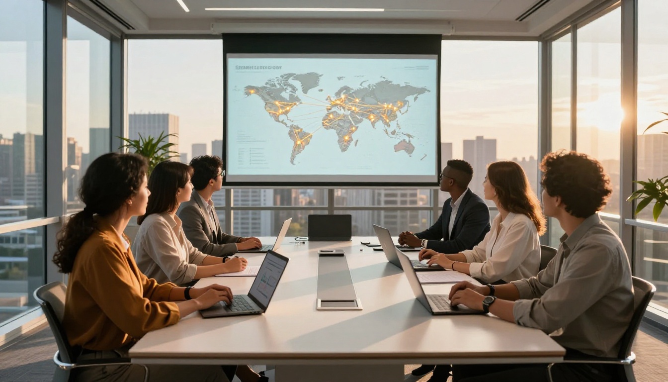 A global content strategy team in a modern glass-walled conference room with a world distribution map projection on the screen