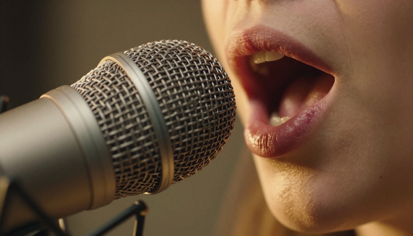 Close-up of a condenser microphone with a speaker's mouth just behind it, warm tungsten studio light, bokeh acoustic foam background