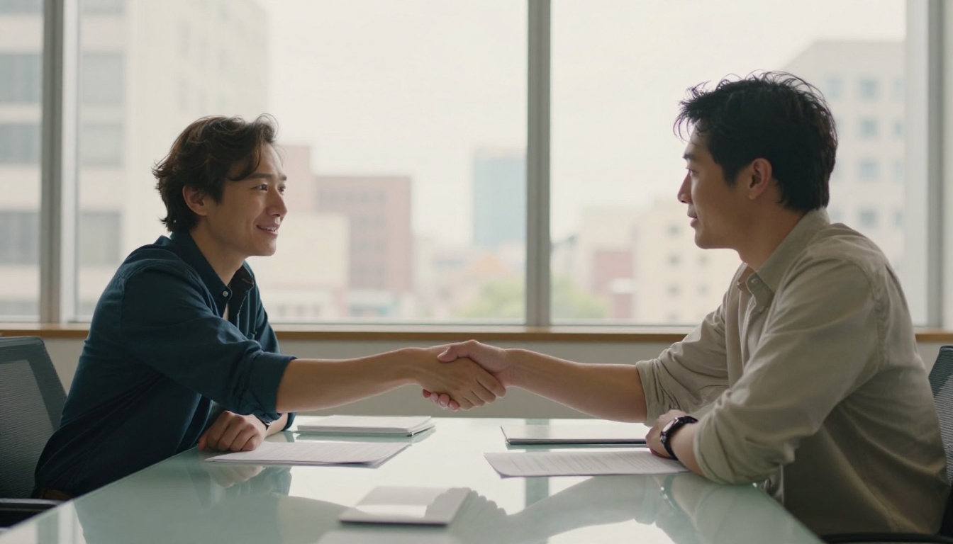 Two professionals shaking hands over a document at a glass conference table, natural afternoon light from floor-to-ceiling windows