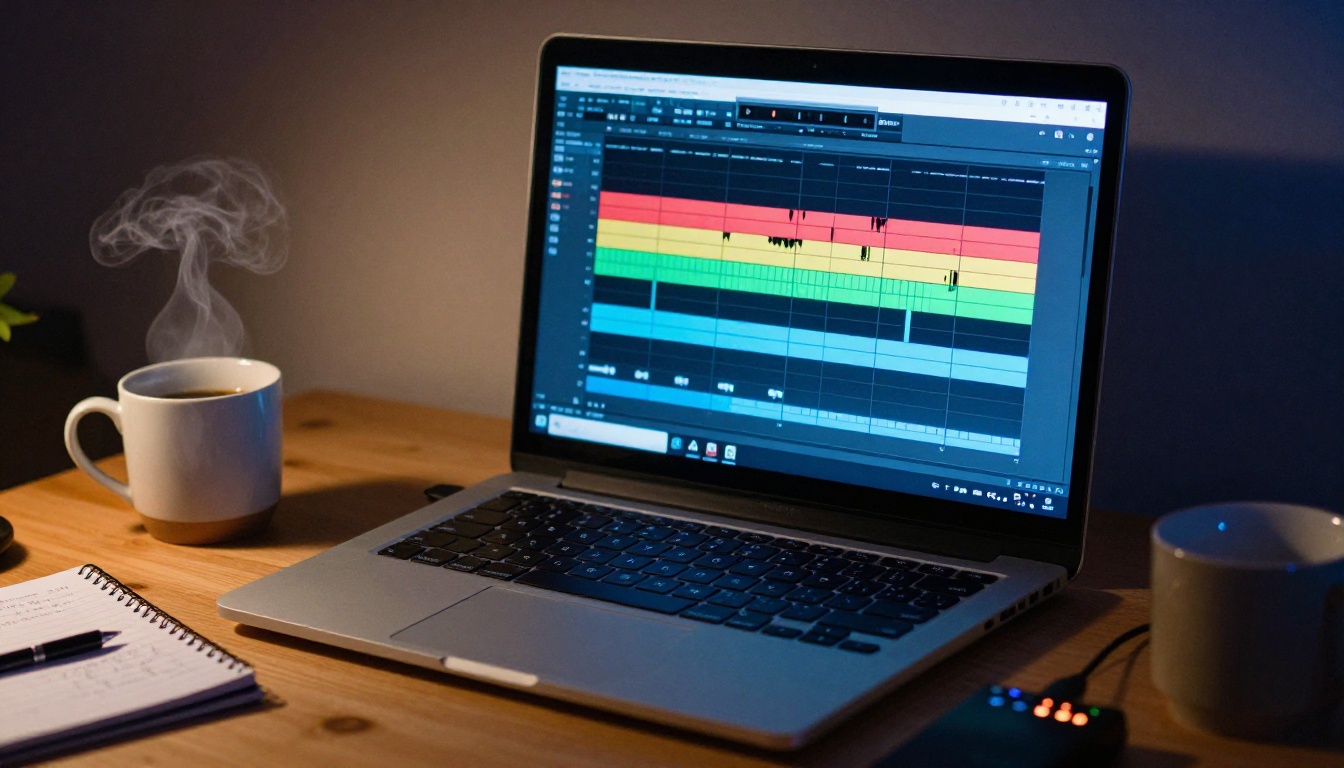 Laptop screen showing audio waveform tracks in a DAW, screen glow illuminating a dark home office desk with coffee mug and notebook