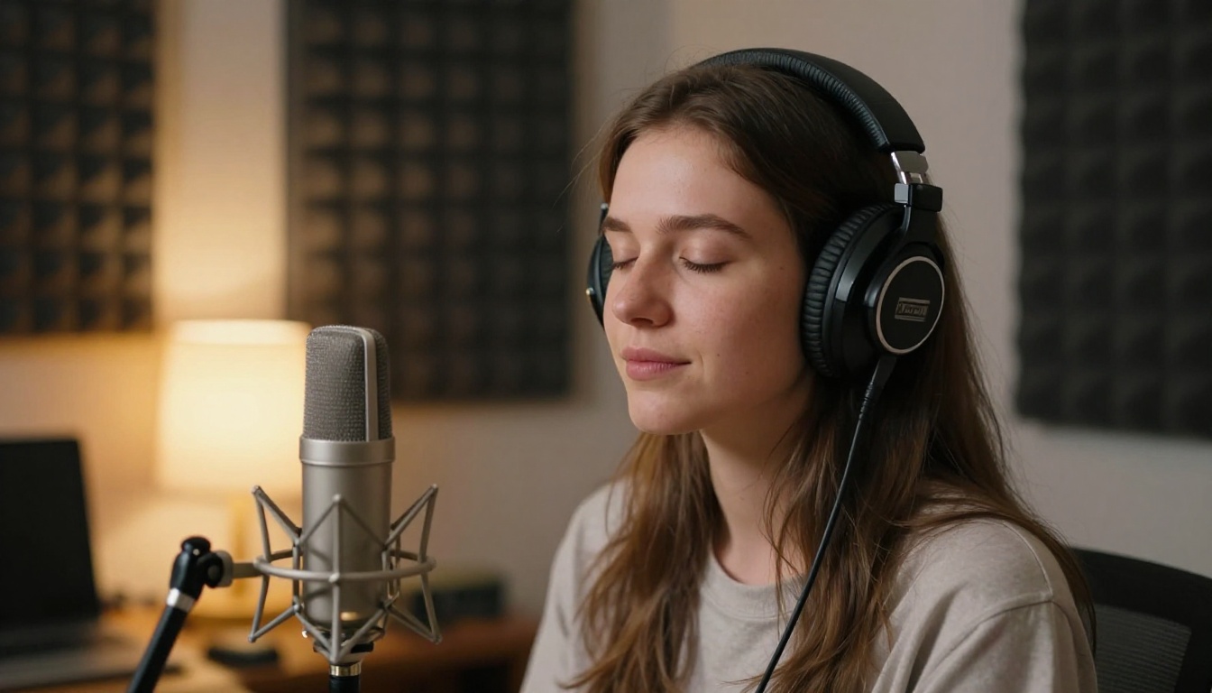 Young woman with over-ear headphones in a home recording studio, acoustic foam walls, warm amber desk lamp creating a soft halo around her hair