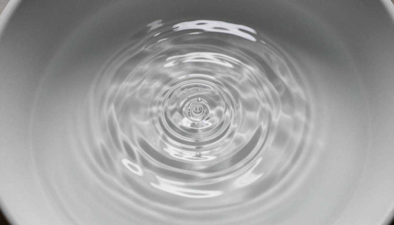 Aerial view looking straight down at concentric water ripple patterns expanding from a center point, high-contrast studio lighting, silver and charcoal palette