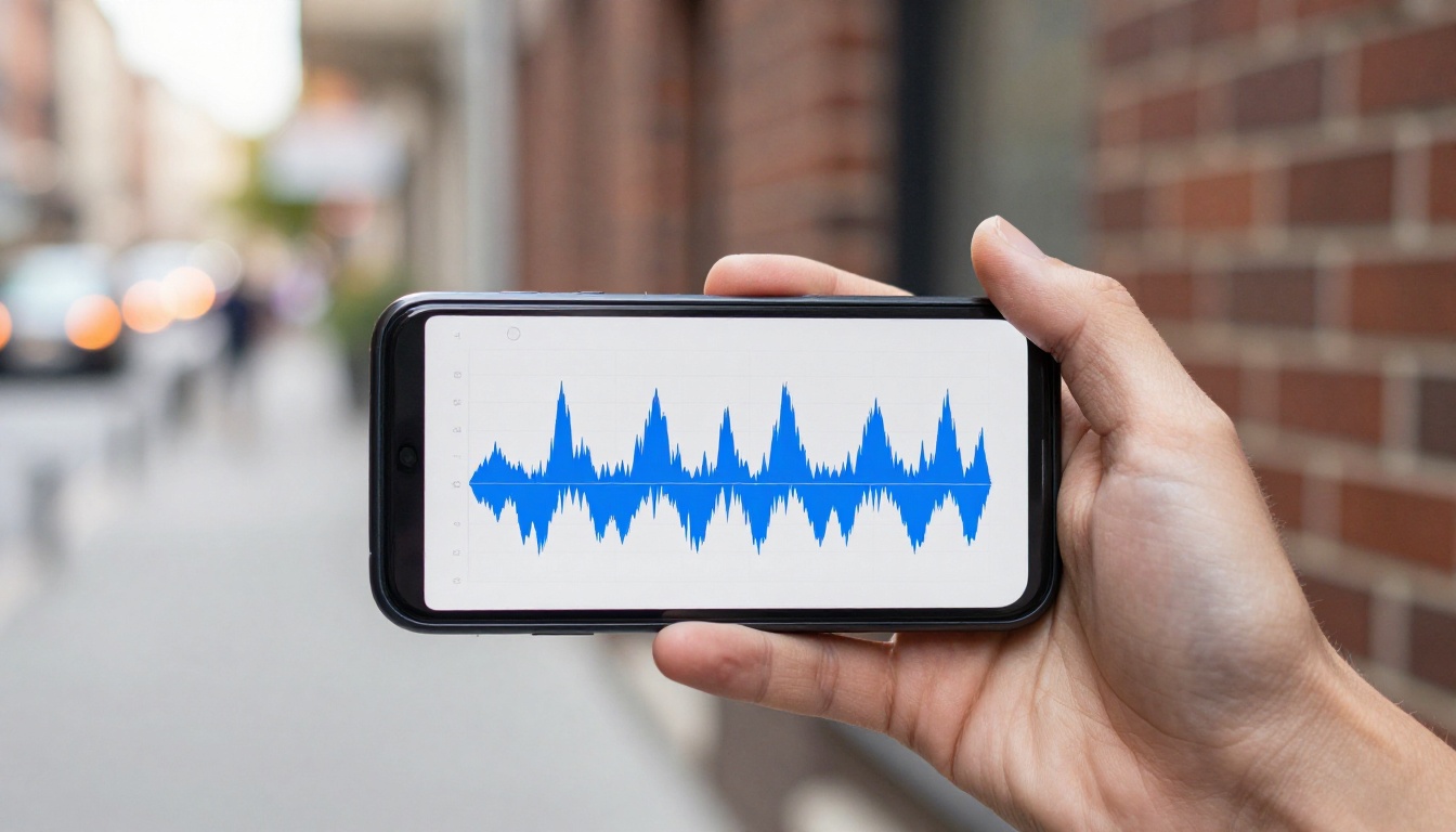 Hand holding a smartphone displaying a blue audio waveform interface, blurred urban street background with bokeh city lights, natural daylight, 85mm f/1.8