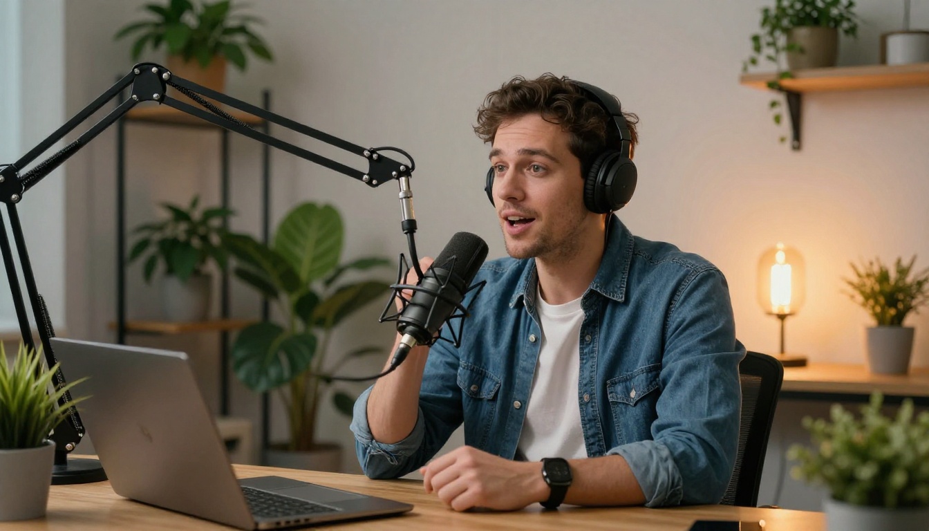 Male podcaster mid-sentence at a broadcast microphone, modern studio with green plants and warm Edison bulb, 35mm wide angle, natural expression