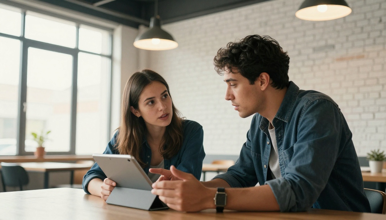 Two colleagues in a modern co-working space, one gesturing with a tablet, afternoon light from large windows, engaged discussion
