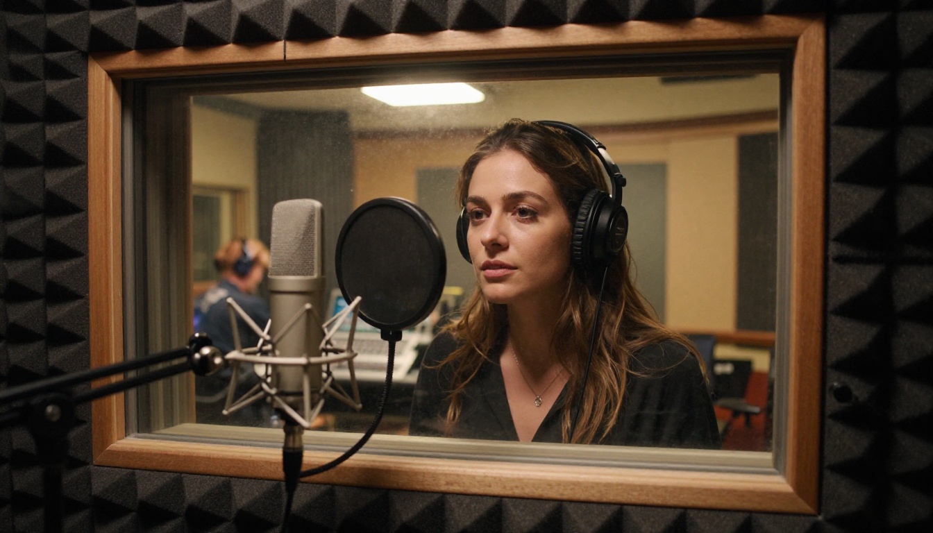 Professional female voice actress recording in an isolation booth, low-angle shot, large condenser microphone, recording engineer visible through booth glass