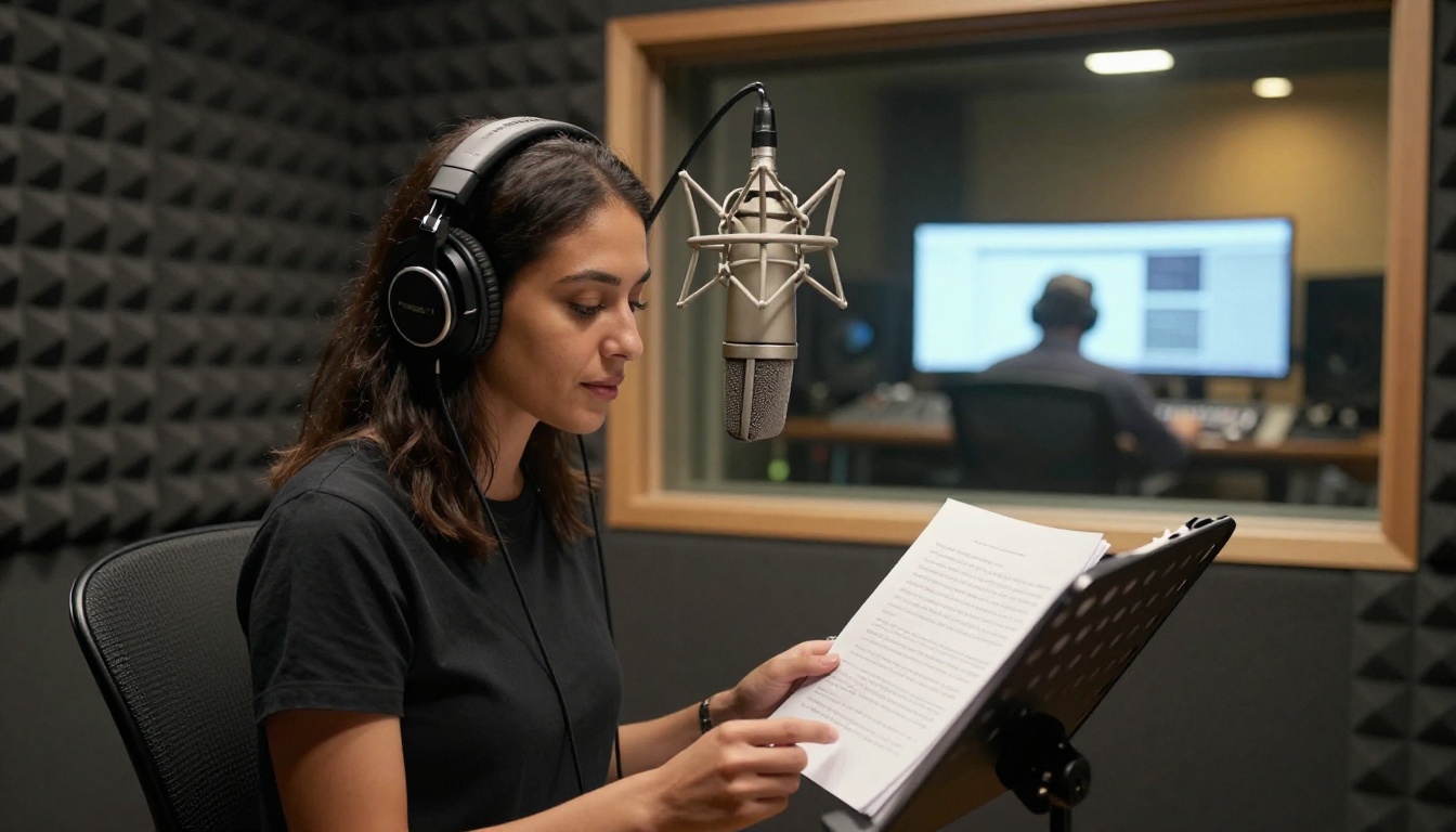 Voice actress recording narration in a professional booth