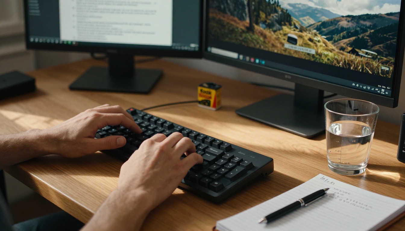 Writer preparing a documentary narration script at a dual monitor desk