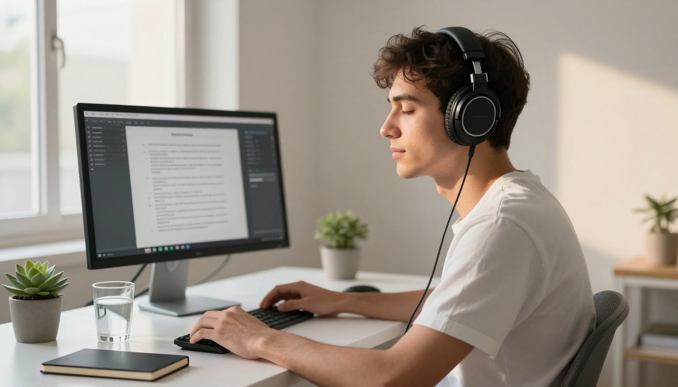 Content creator listening to AI narration output through studio headphones