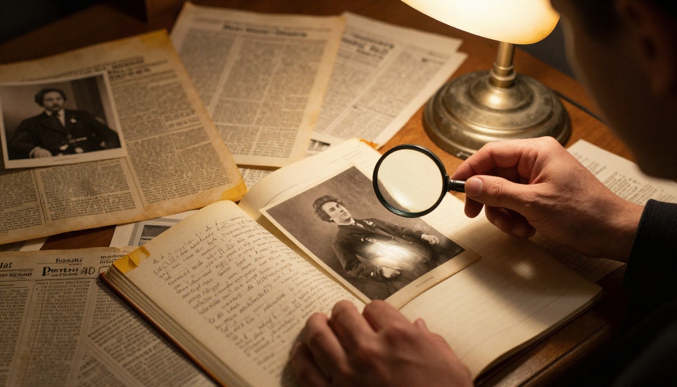 Historical researcher reviewing archival documents and photographs