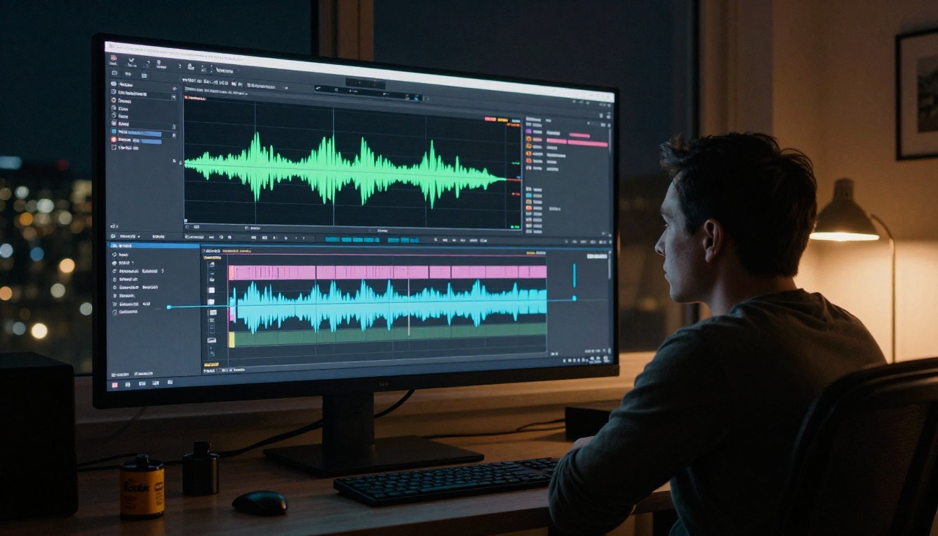 Video editor reviewing the finished narrated documentary timeline at night