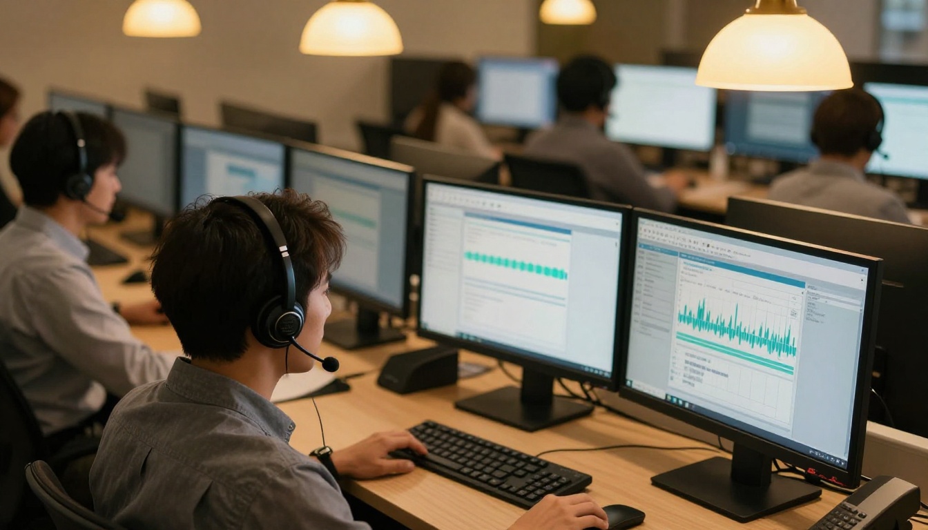 Call center operations floor with agents wearing headsets