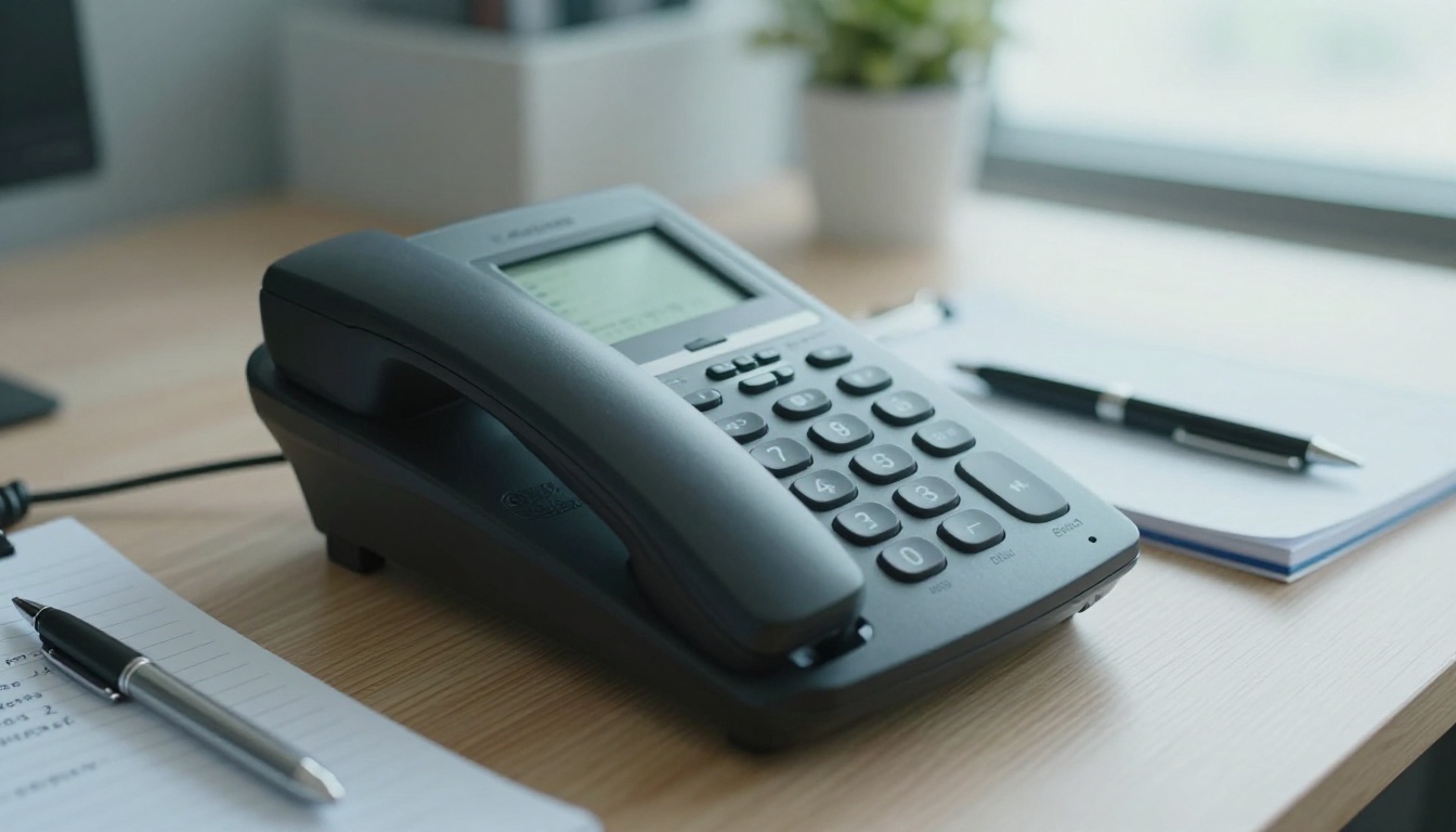 IP phone on desk with handwritten menu script notes