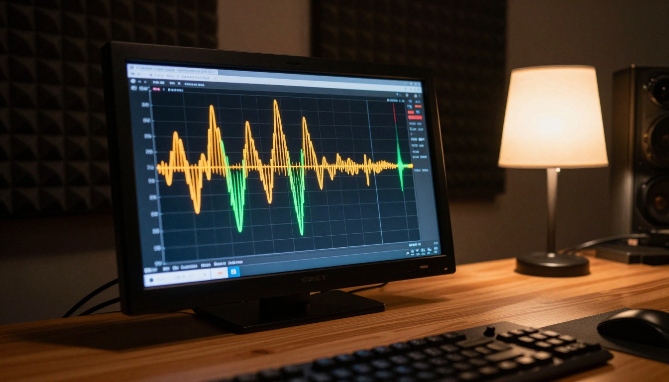 Audio waveforms showing emotional speech intensity on a recording studio monitor
