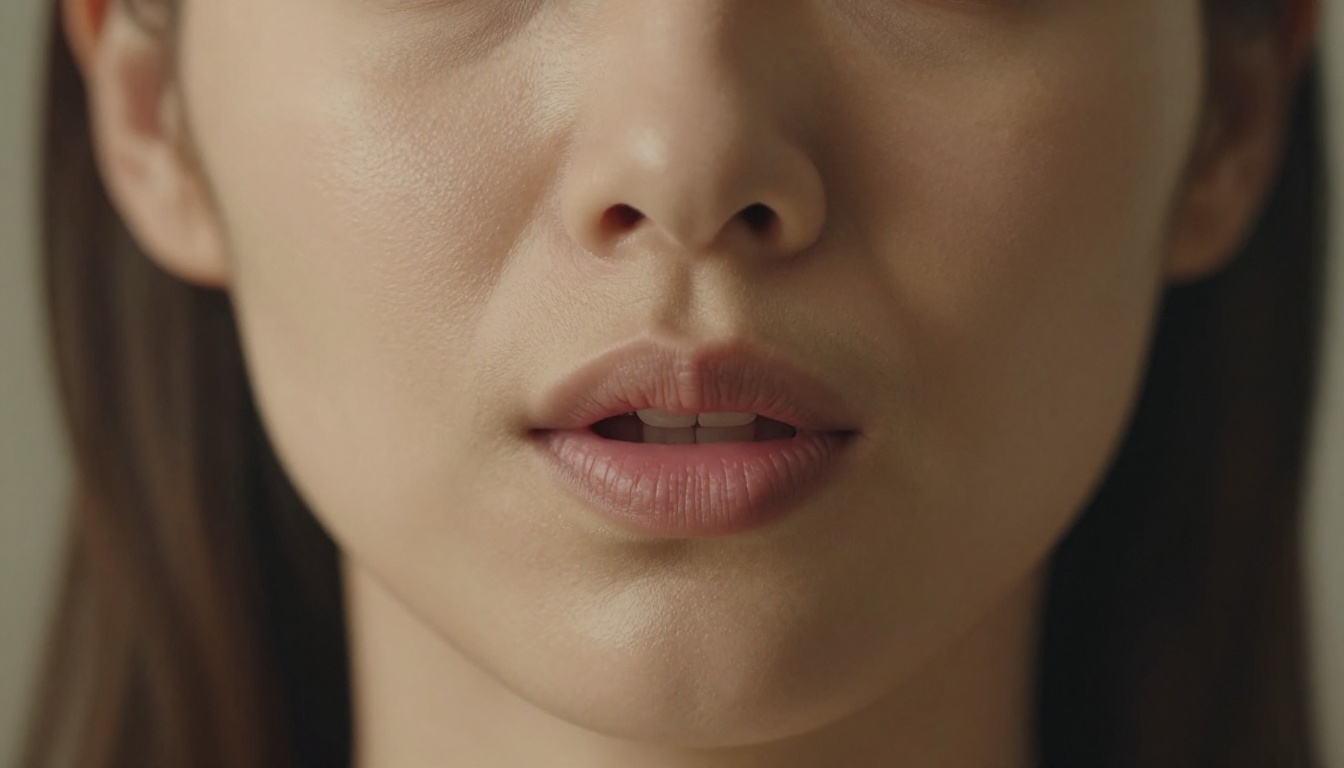 Natural close-up of lips mid-speech with warm studio lighting and soft background bokeh