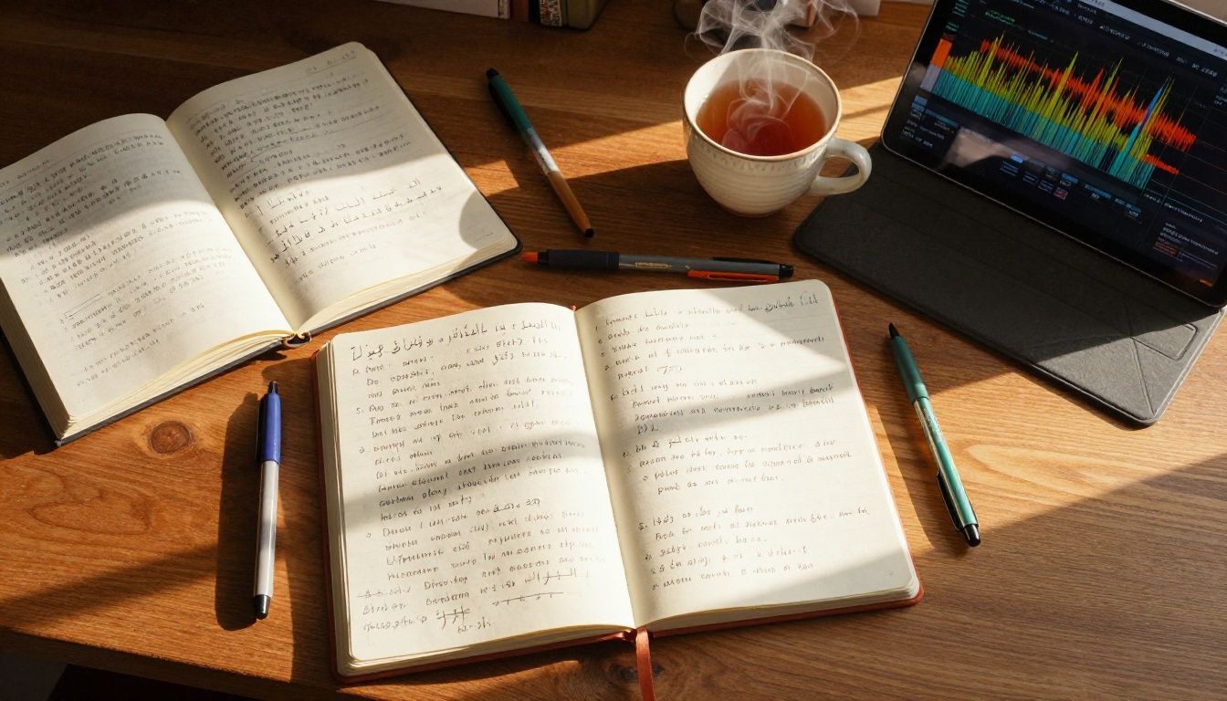 Aerial flat-lay of a wooden desk with open notebooks in multiple language scripts and a tablet showing audio waveforms