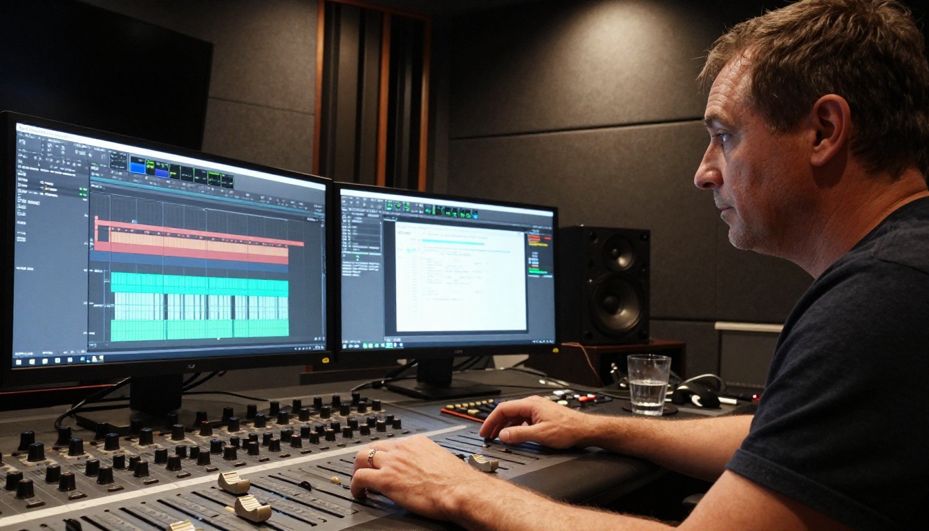Audio engineer at mixing console with waveform editing software
