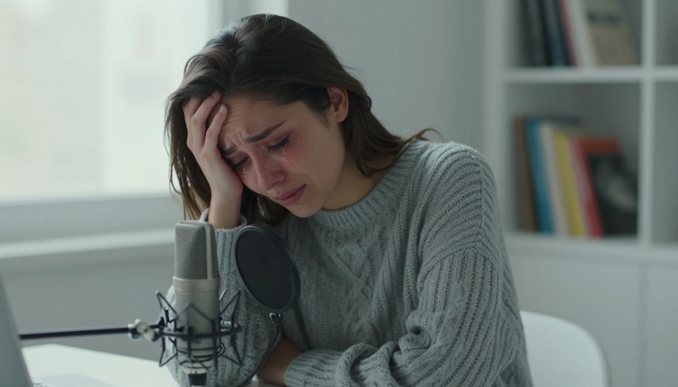 A woman recording in a home studio, genuine focus and feeling visible in her expression