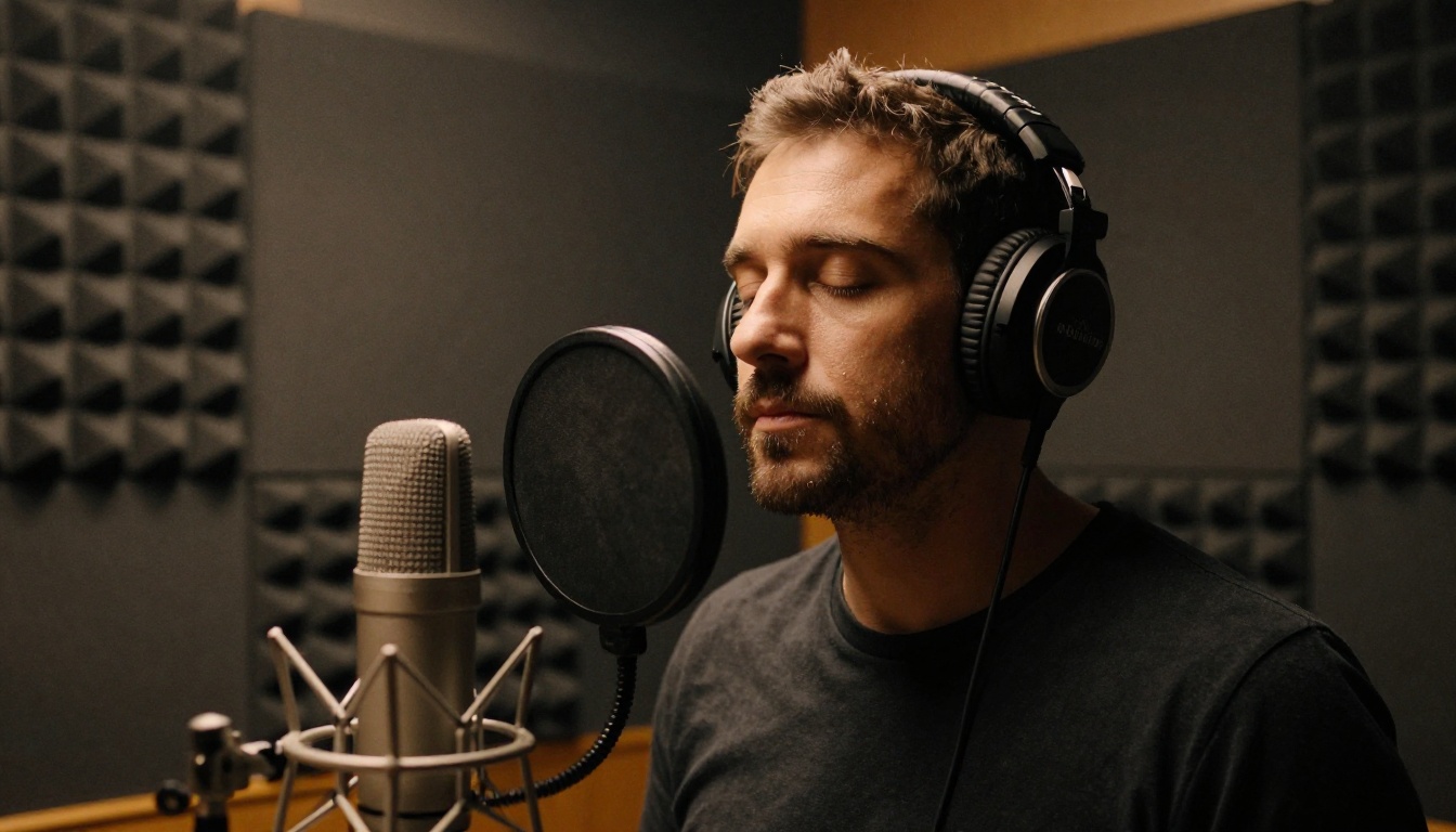 Professional male voiceover artist recording in a padded sound isolation booth with amber lighting and condenser microphone