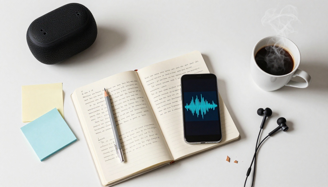 Flat-lay desk workspace with smartphone showing audio waveform